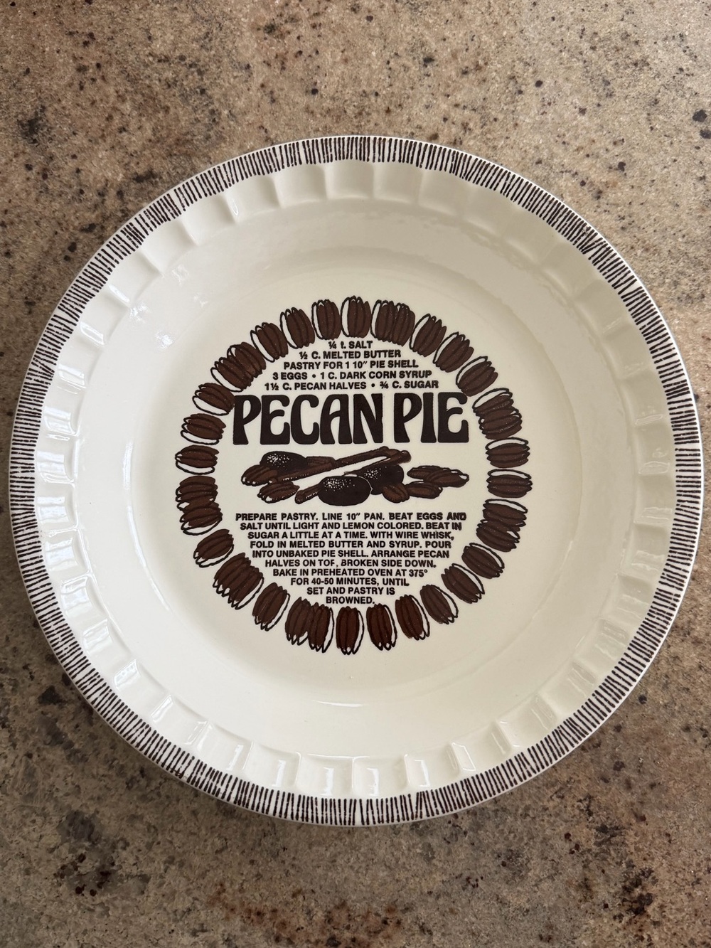Vintage Royal China Pecan Pie Plate with Brown Recipe Design